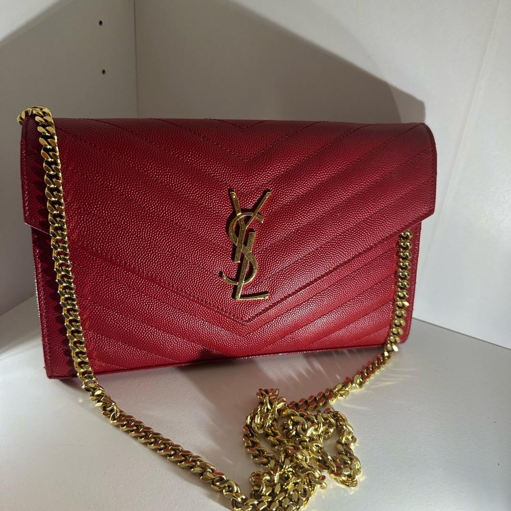Yves Saint Laurent Red Chevron Clutch with Gold Chain